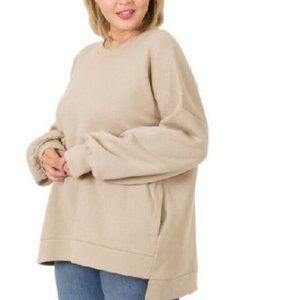 Zenana Plus Size Sweatshirt 1X 2X 3X Round Neck Oversize Pullover Pockets Lt Tan